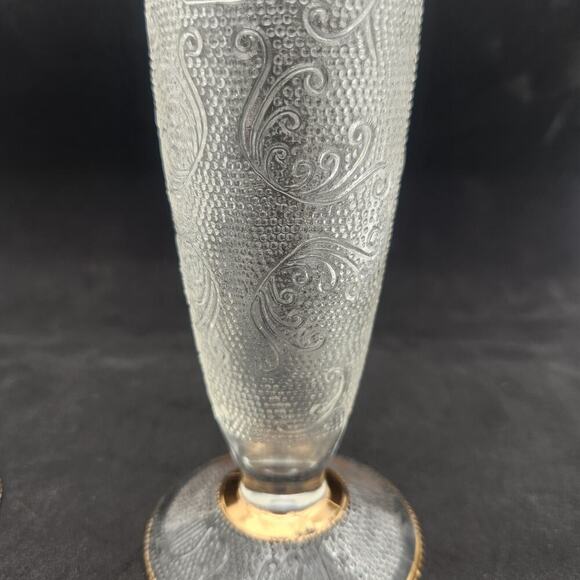 Two Textured Vintage Jeannette Harp Gold Pattern Vases 7 1/2" Tall Scalloped Rim - Picture 7 of 10